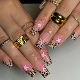 Shopmocho 24Pcs Long Coffin Leopard Print False Nails with Glue Sweet Cool Diamond Fake Nail Set Floral French Press on Wearable Nail Tips