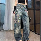 Shopmocho New 3D Chain Old Jeans Men American Tie-Dye Splash-Ink Hip Hop Pants High Street Y2K Punk Graffiti Hip Hop Couple Straight Pants