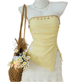 Shopmocho Women Summer Sweet Yellow Slim Fit Knitted Tube Top With Shell Ribbon Decoration Irregular Pleated Side Slit Casual Vacation Top