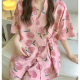SHOPMOCHO Womens Nightwear Loungewear Kimono Pajamas Student Short Sleeves Shorts Peach Print Tops and Pants Set Sleepwear Comfortable