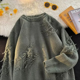 Shopmocho Japanese Style round Neck Knitted Sweater Men Women Loose High Street Vintage Solid Color Distressed Crew Neck Knitwear