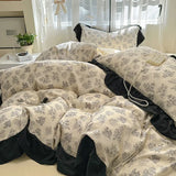 Shopmocho 1.5/1.8 Korean Style 100% Cotton Fitted Sheet Sets with Lace Flower Print Bedding Set for Seasons Home Bedclothes for Adult Kids
