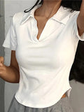 Shopmocho Summer Short Sleeve Lapel Top Women'S Solid V-Neck Pullovers Retro Sweet Shirts Hot Girl Crop Top Female Slim Versatile Tee
