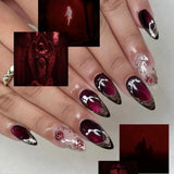 SHOPMOCHO 24pcs Golden Lines Patterns False Nails Dark Purple Blush French Fake Nails for Spice Girls Sweet Cool Almond Ins Nails Press On