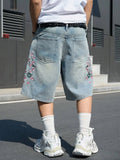SHOPMOCHO Men's Light Blue Cherry Blossom Embroidered Denim Shorts, Loose Wide-Leg Streetwear Trendy Denim Capris
