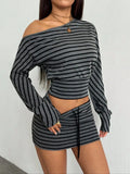 SHOPMOCHO Fashion Casual Sexy Asymmetrical Striped Shoulder Top And Mini Skirt Two-Piece Set for Women