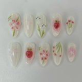Shopmocho 24pcs Press on Nails Tips Strawberry Rabbit Design Almond False Nails Sets Gradient Green Fake Nail Finished Detachable Manicure