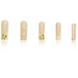 Shopmocho 24pcs Fresh Long Coffin Fake Nails Yellow French Style Flower Printed Metal Butterfly Designs Press On Nails Summer False Nail