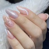 SHOPMOCHO 24Pcs Mid-length Almond Ballet False Nails Simple Cat Eye Design Press on Fake Nail Wearable Full Cover Nail Tips Manicure Tools