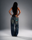 SHOPMOCHO Y2k 2000s Statue of liberty Diamonds Jeans Casual Denim Pants High Waist Straight Wide Leg Jeans Harajuku Vintage Women Clothing