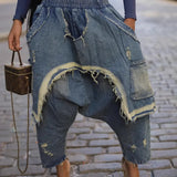Shopmocho Women Jeans Harem Pants Hip Hop Punk Denim Pant Hole Elastic Waist Washed Distressed Pockets Streetwear 2025 Ripped Trousers