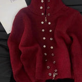 SHOPMOCHOLuxury Fluffy Knitted Cardigan Sweater Design Double Breasted Sweater Coat Women Autumn High-end Lazy Zipper 2000s Y2k Knit Top