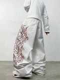 SHOPMOCHO Unisex White Red Tribal Flame Print Loose Wide Leg Jeans Y2K Grunge Streetwear Oversized Denim Pants
