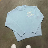 SHOPMOCHO Men New Fashion High Street Casual Streetwear Y2K Retro Long Sleeve Sweater Signature M Logo Pattern Pullover Boxy Knitted Top