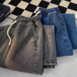 SHOPMOCHO Loose Straight Leg High Waist Elastic Waist Men's Jeans Spring Summer Vintage High Street Trendy Wide Leg Personalized Straight