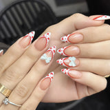 Shopmocho 24pcs Sweet False Nail Patches Detachable Fake Nail Tips With Bowknots Love Heart Pearl Design Pink Almond Korean Press On Nail