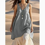 Shopmocho V-Neck Sleeveless Cotton Linen Beach Dress Women's Loose Waist Midi Dress Comfortable Breathable Summer Fashion Dress