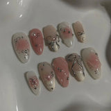 Shopmocho 24PCS Wine Red Almond Press on Nails Cartoon Rabbit Bowknot with Plaid Pearl Designs French Fake Nails for Girls Detachable Nail