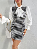 Shopmocho Sexy Temperament New Color Contrast Print Casual Summer Bow Tie Slim Long-sleeved Dress