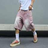 SHOPMOCHO Men's Pink Gradient Denim Shorts Vintage Wash Baggy Jorts Wide Leg Streetwear Oversized Knee Length Summer Shorts Y2K Fashion