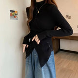 Shopmocho Deeptown Harajuku Black Turtleneck Women Sweaters Criss Cross Irregular Korean Fashion Button Knit Pullovers Slim Warm Aesthetic