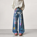 SHOPMOCHO American Retro Graffiti Print Loose High Waist Men's Jeans Autumn Winter Korean Style Floor-Length Causal Trousers Wide Leg Pant