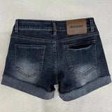 SHOPMOCHO Retro Roll Up Hem Deep Blue Denim Shorts Women Summer Sexy Low Rise Hip Covering Hot Pants American Distressed Washed Jean Short
