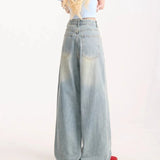 SHOPMOCHO Jeans for Woman Y2k Pants Retro Washed Denim Straight Leg Wide Leg Trousers Cartoon Embroidery Design Comfortable Daily Wear
