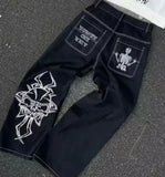 SHOPMOCHO American Vintage Y2K Rhinestone Wing Embroidered Jeans Womens Blue Low Rise Flared Denim Pants with Studded Pockets Streetwear