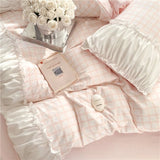 Shopmocho Korean Style Princess Bedding Set Luxury Pink Lattice Duvet Cover Ruffles Lace Bedspread Bed Sheet Pillowcases