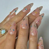 SHOPMOCHO 24Pcs Pink Almond False Nails Butterfly Ballet with French Design Wearable Fake Nails Simple Artificial Press on Nails Tips Art