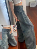 SHOPMOCHO Ladies Loose Fit Straight Leg Jeans Blue Washed Floral Letter Embroidery Unique Street Style American Casual Trousers