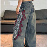 SHOPMOCHO American Street Hot Item Women Vintage Mud Washed Wide Leg Jeans Abstract Side Embroidery High Waist Baggy Y2K Spicy Pants