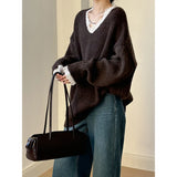 Shopmocho Lace Trim Warm Sweater For Women V Neck Long Sleeve Winter Loose Soft Top
