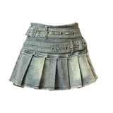 SHOPMOCHO Women's Denim Skirt with Studded Belt Low Rise Pleated Mini Skirt Blue Black Jean Skirts Alt Girls Y2K Punk 90s