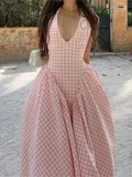 Shopmocho Elegant V-Neck Pleated Long Dresses Women High Waist Summer 2025 French Style Fashion V-neck Backless Lace-up Vacation Vestidos