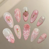 Shopmocho 24pcs Sweet False Nail Patches Detachable Fake Nail Tips With Bowknots Love Heart Pearl Design Pink Almond Korean Press On Nail