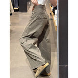 Shopmocho High Waist Wide Leg Knife Edge Denim Jeans Women's Casual Loose Straight Workwear Trousers American Retro Style Long Pants