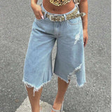 SHOPMOCHO Women Asymmetric Fray Raw Hem Capri Jeans Light Blue Distressed Ripped Loose Fit Street Mid Calf Denim Shorts