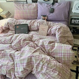 SHOPMOCHO Bedding Set Ins Ambiance Blue Coffee Grid Mixed With Washed Cotton Minimalist Four Piece Set Fitted Sheets Duvet Cover