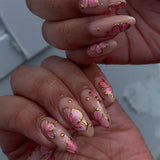 SHOPMOCHO 24pcs White Flower Fake Nail Tips Ins Yellow Pink Blush False Nails Wearable Full Cover European Almond Shaped Press on Nails