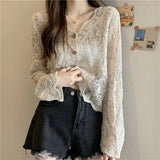 Shopmocho Vintage Summer Lace Blouses Women See Through Sheer Long Sleeve Sun Shirts Korean Style Casual Sun Protection Sexy Ladies Tops