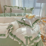 SHOPMOCHO Spring Green Princess Bedding Set Double Layer Lace Bow Quilt Cover Sheet And Pillowcase Simple Pastoral Girl Home Textiles