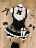SHOPMOCHO Summer Sweet Preppy Style 2 Piece Sets Women Y2k Kawaii Lolita Design Tops + High Waist Chic Skirt Female Princess Retro Outfits