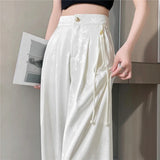 Shopmocho New Chinese Style Jacquard Wide Leg Satin Pants for Women Elegant Solid Office Lady Women's Casual Loose Pants Female