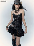 SHOPMOCHO Summer Gothic Retro Fur Trim Corset Design Woman Suit Y2k Slim Lolita Elegant 2 Piece Sets Female Korea Style Sexy Chic Outfits