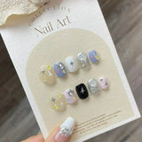 SHOPMOCHO 10Pcs Cute Handmade Press on Nails Short Korean Fake Nails with 3D Star Moon Nail Art Rhinestone Heart Artifical False Nails Art