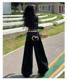 SHOPMOCHO Women's Pink Heart Print Denim Straight Leg Jeans Loose Casual Floor-Length Long Pants Ladies Loose Fit Original Style