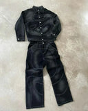 SHOPMOCHO Patch Jeans Retro Striped Embroidered Jacket Two-Piece Set Y2k Suit Men's Harajuku hiphop Embroidered Loose Jeans Old Jacket