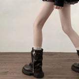Shopmocho Winter Women Biker Boots Fashion Belt Buckle Ladies Elegant Platform Flats Short Booties Casual Women's Knight Booties